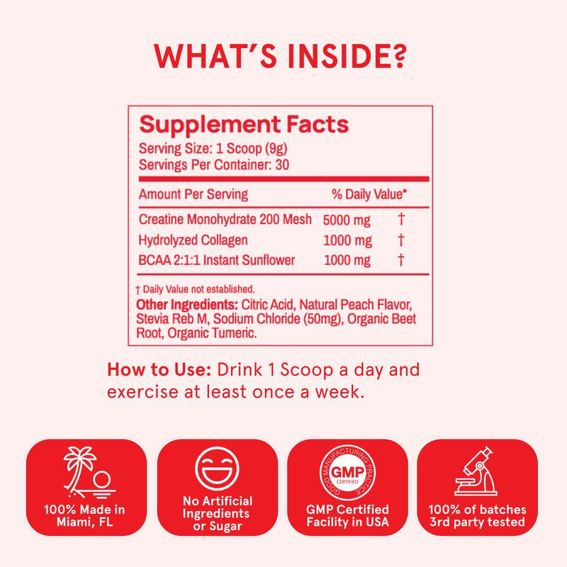 Peach Perfect Creatine Monohydrate Powder with Collagen & BCAAs - 5G Vegan Energy Boost for Women, 30 Servings for Enhanced Performance & Muscle Support