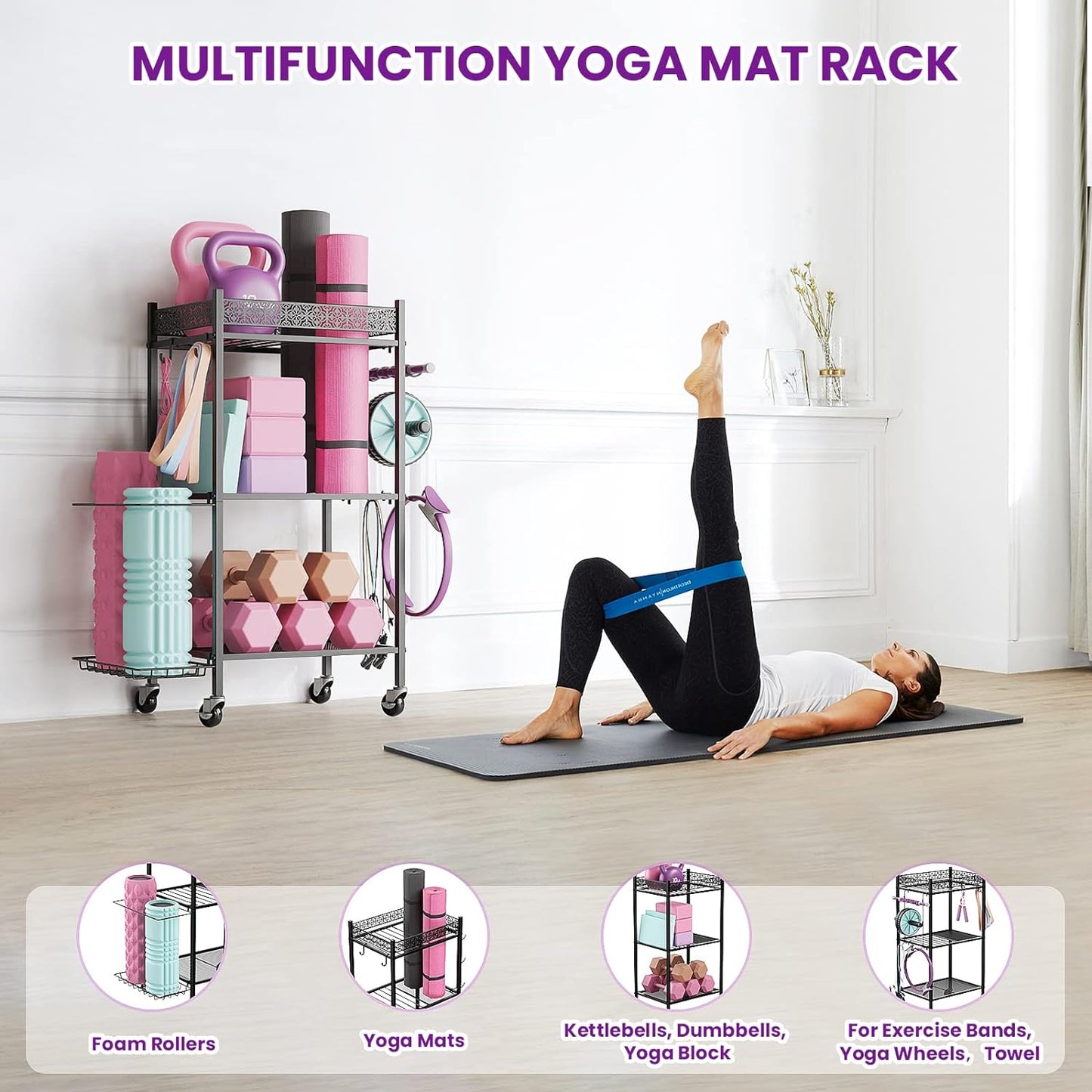 Yoga Mat and Equipment Storage Rack for Home Gym - Durable Metal Organizer for Yoga Mats, Foam Rollers, and Fitness Accessories