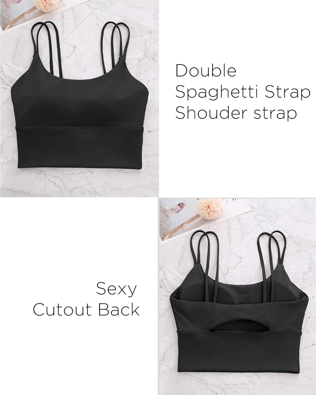 High Support Longline Sports Bra for Women - Padded Strappy Yoga Crop Top Tank