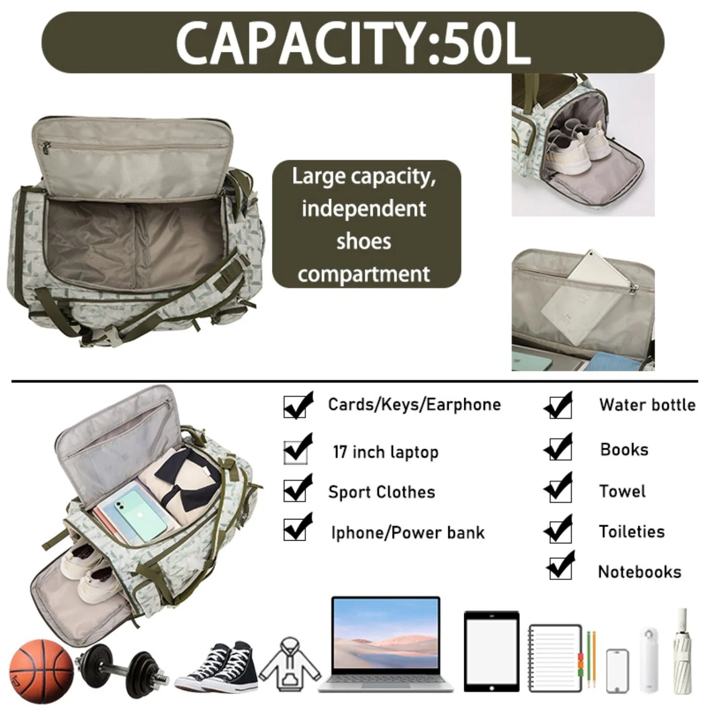 BE SMART 50L Extra Large Waterproof Gym Backpack for Men - Heavy Duty Duffel Bag with Shoe Compartment for Outdoor Sports, Hiking, and Camping (XL)