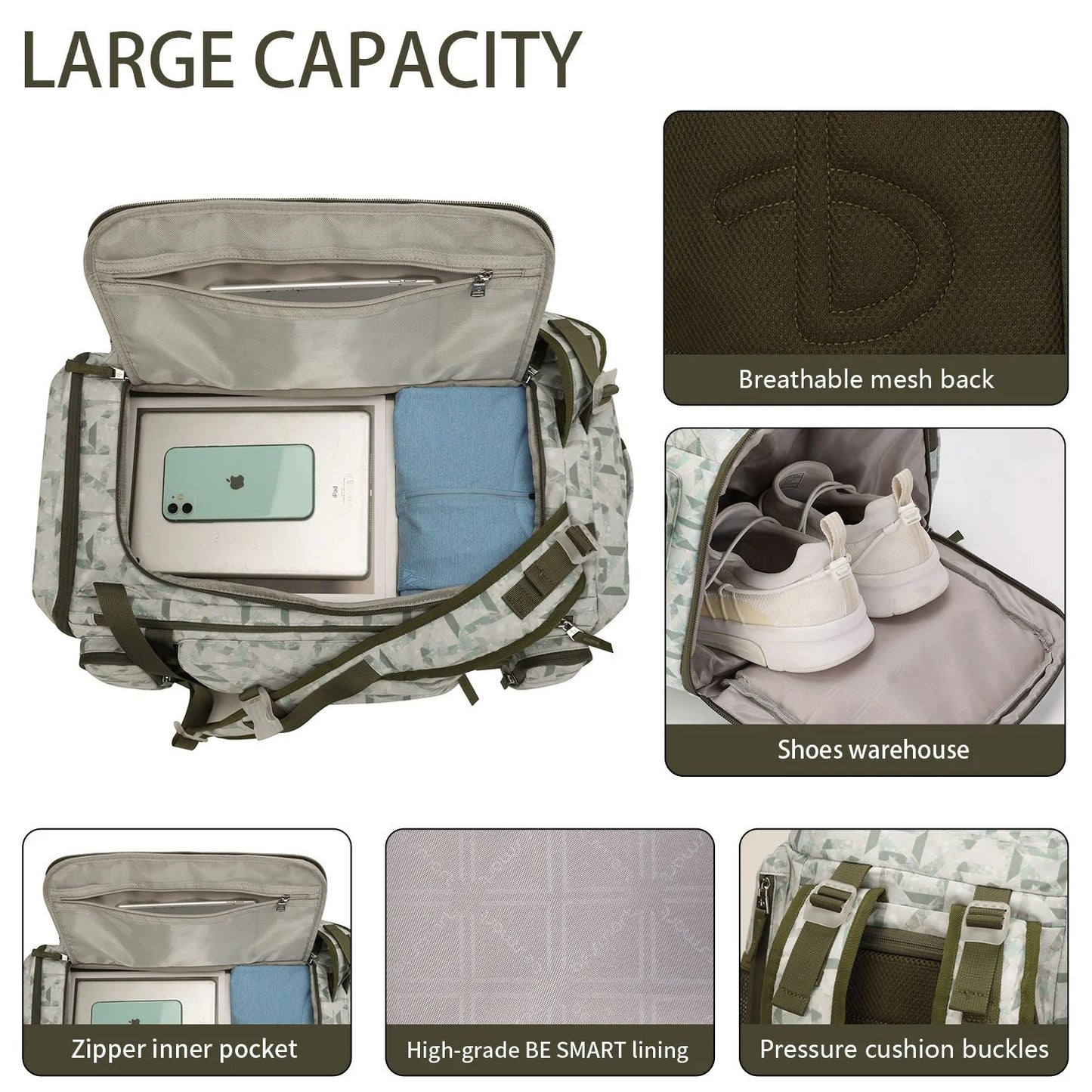 BE SMART 50L Extra Large Waterproof Gym Backpack for Men - Heavy Duty Duffel Bag with Shoe Compartment for Outdoor Sports, Hiking, and Camping (XL)
