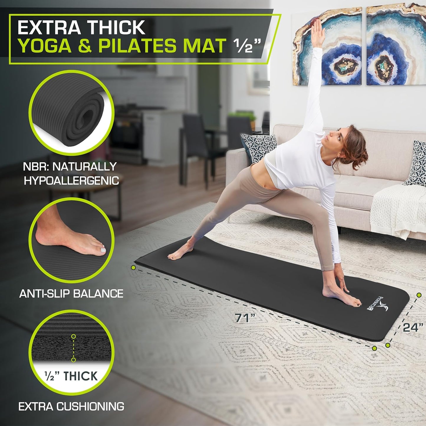 Extra Thick Yoga and Pilates Mat ½” (13Mm), 71-Inch Long High Density Exercise Mat with Comfort Foam and Carrying Strap