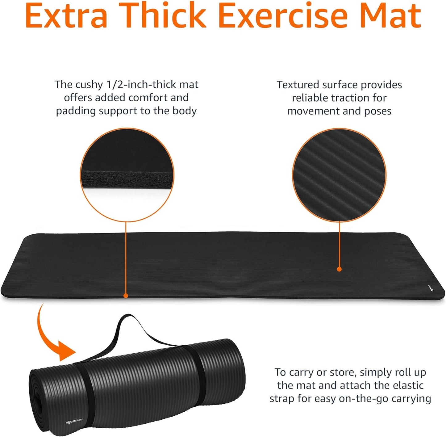 1/2 Inch Extra Thick Exercise Yoga Mat with Carrying Strap, Cushioned Support, for Fitness and Gym Workouts