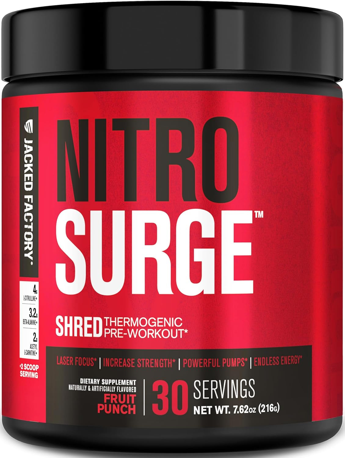 NITROSURGE Shred Pre-Workout - Unleash Energy, Strength & Focus with Intense Pumps - 30 Servings of Delicious Fruit Punch!