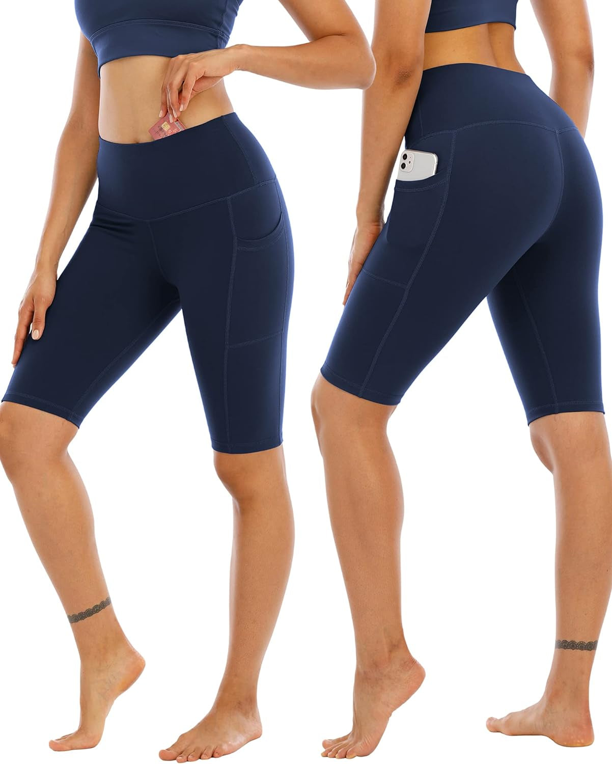 Women's High-Waisted Biker Yoga Shorts with Pockets - Set of 4 Athletic Running and Workout Gym Shorts with Tummy Control