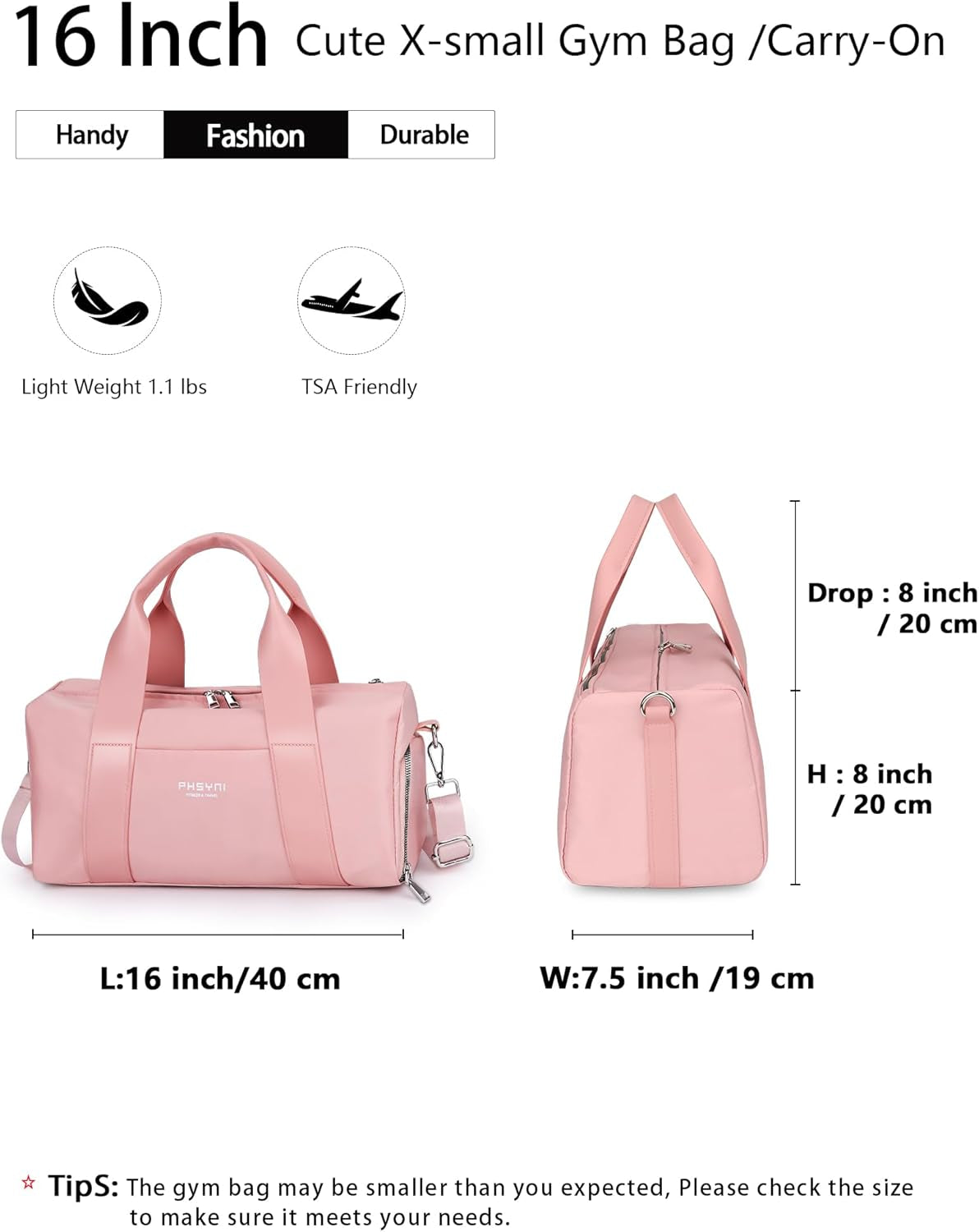 Stylish Compact Sports Gym Bag for Women - Mini Duffle with Wet Pocket & Shoe Compartment, Perfect for Travel & Workouts, 16" in Pink