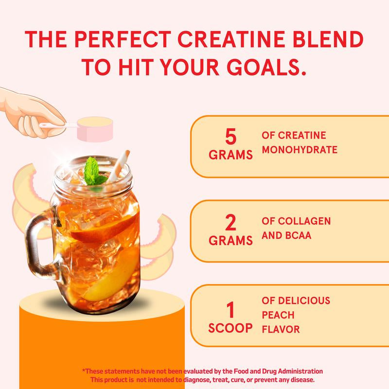 Peach Perfect Creatine Monohydrate Powder with Collagen & BCAAs - 5G Vegan Energy Boost for Women, 30 Servings for Enhanced Performance & Muscle Support