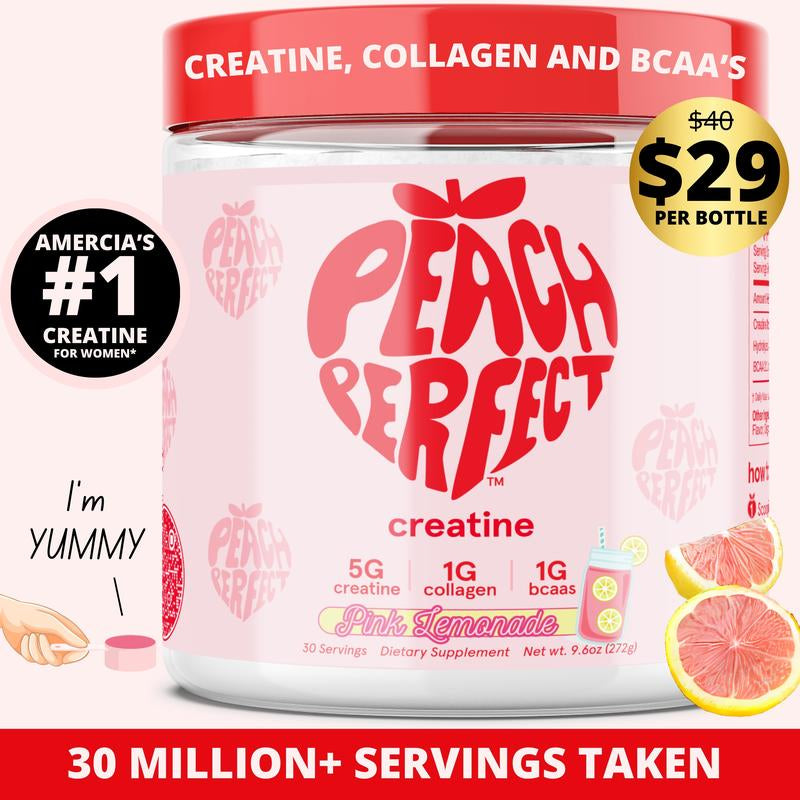 Peach Perfect Creatine Monohydrate Powder with Collagen & BCAAs - 5G Vegan Energy Boost for Women, 30 Servings for Enhanced Performance & Muscle Support