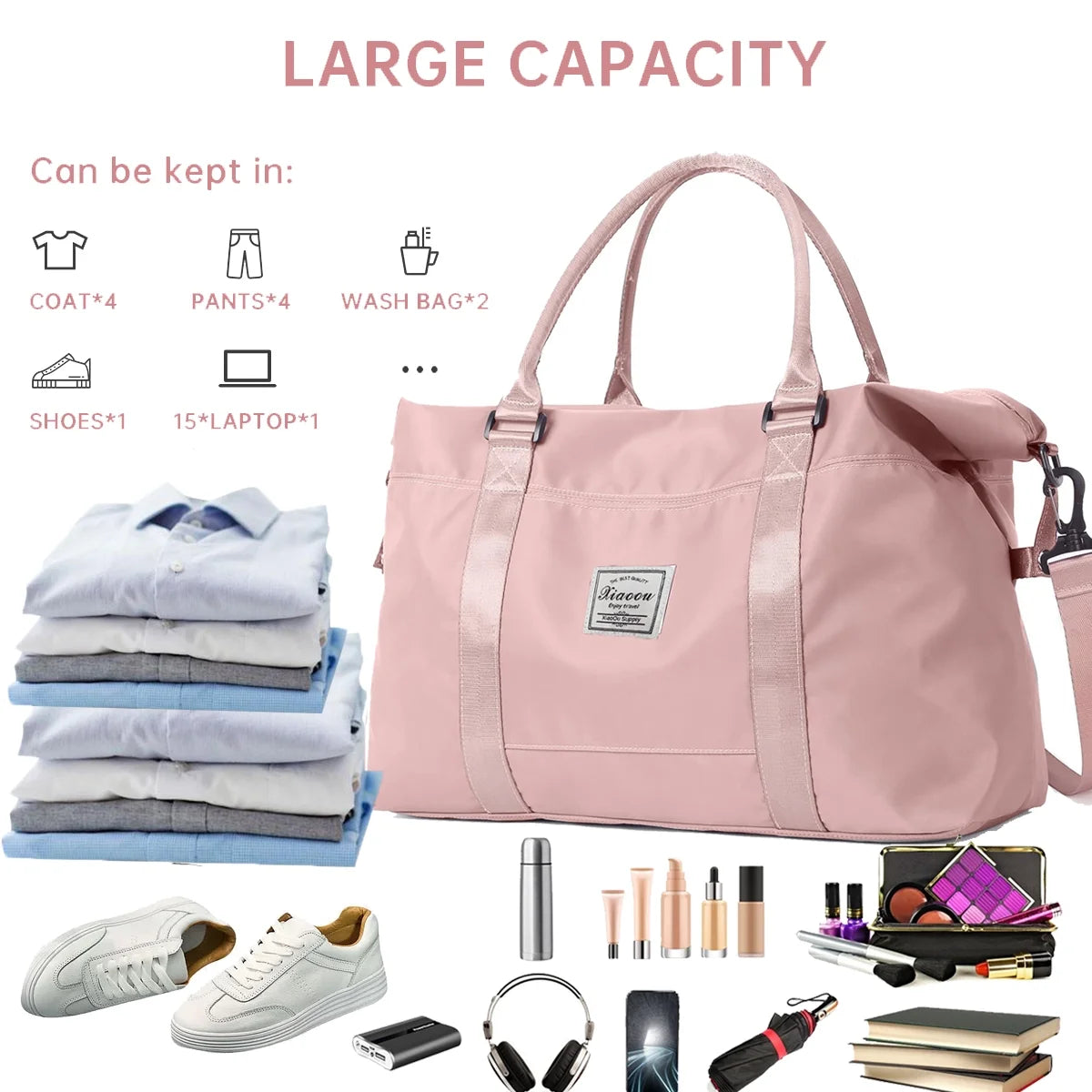 37L Waterproof Duffle Bag for Women, Tear-Resistant Gym Travel Bag W/Adjustable Shoulder Strap & Trolley Sleeve, Airline Approved Carry-On Weekender Bag with Wet/Dry Pocket, Pink
