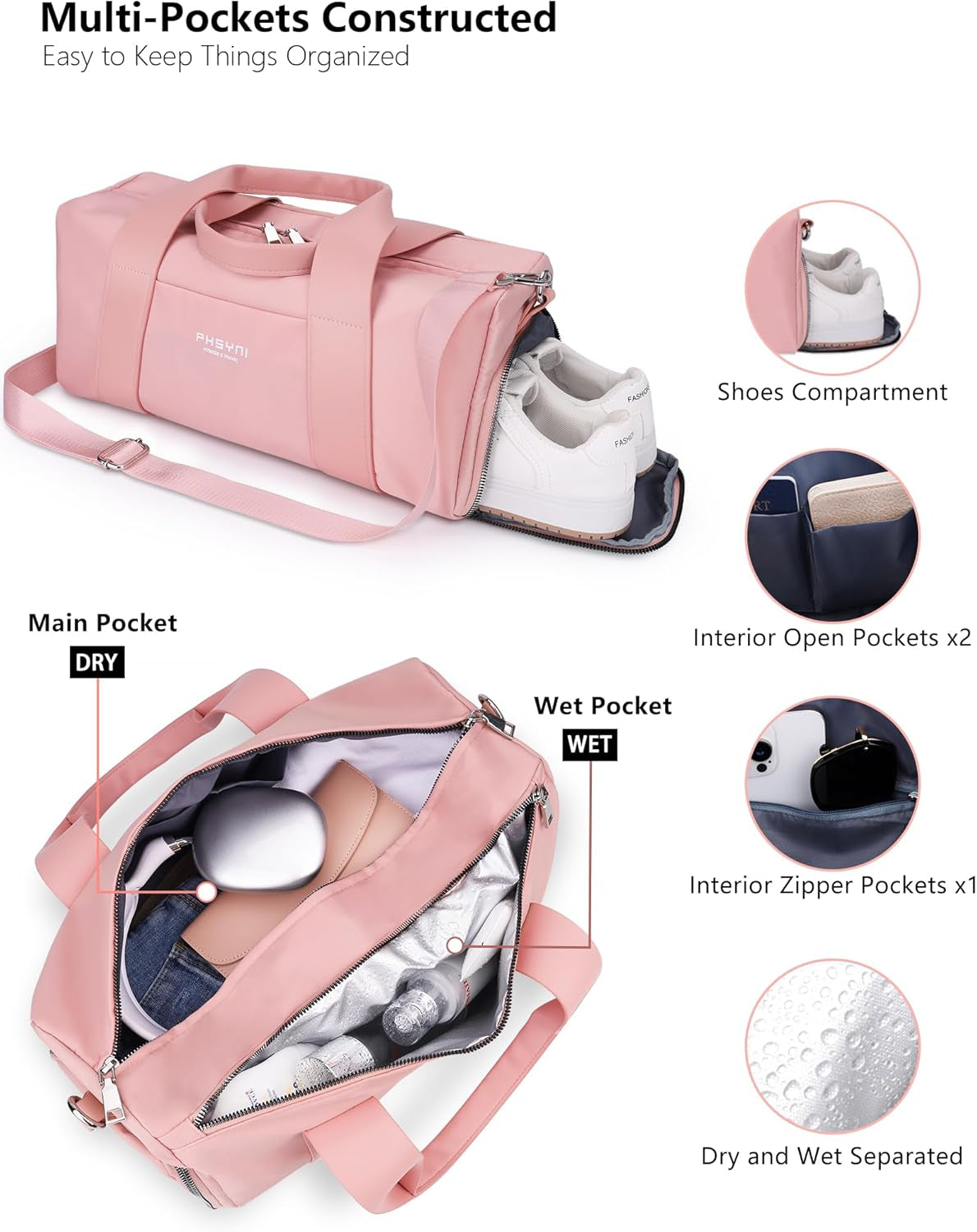 Stylish Compact Sports Gym Bag for Women - Mini Duffle with Wet Pocket & Shoe Compartment, Perfect for Travel & Workouts, 16" in Pink