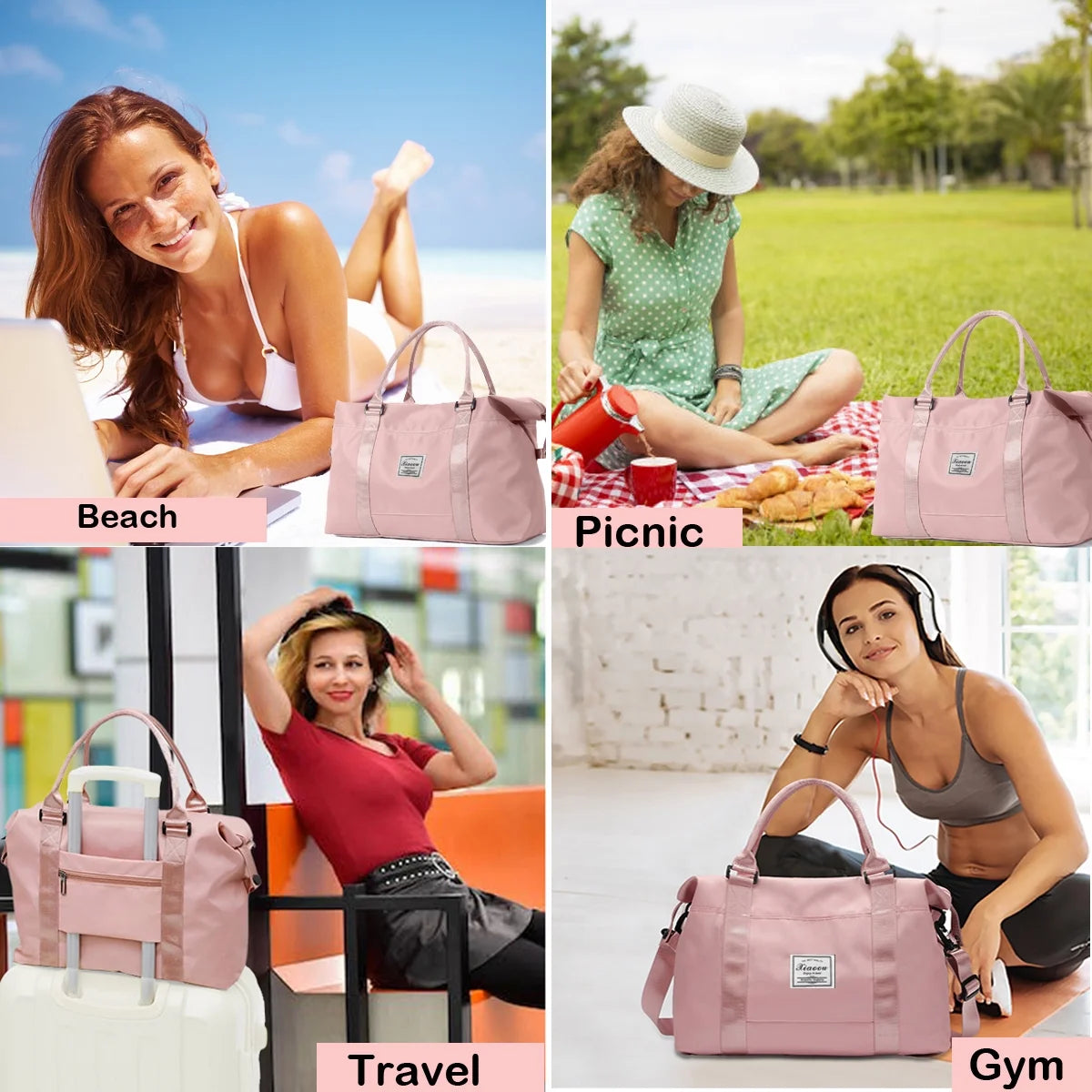 37L Waterproof Duffle Bag for Women, Tear-Resistant Gym Travel Bag W/Adjustable Shoulder Strap & Trolley Sleeve, Airline Approved Carry-On Weekender Bag with Wet/Dry Pocket, Pink