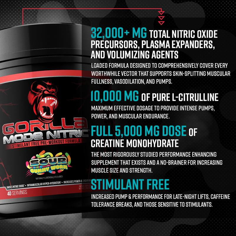 Gorilla Mode Nitric - Unleash Your Potential with Stimulant-Free Pre-Workout for Maximum Performance (20/40 Servings)