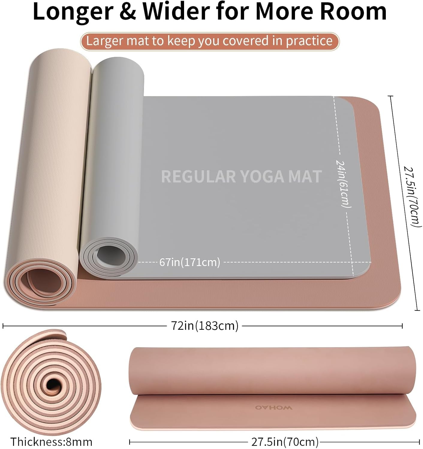 Extra Thick 8Mm Yoga Mat, 72"X28" Two-Sided Non-Slip Exercise Mat, Non-Toxic & Odorless with Carrying Strap for Yoga, Pilates, Home Gym
