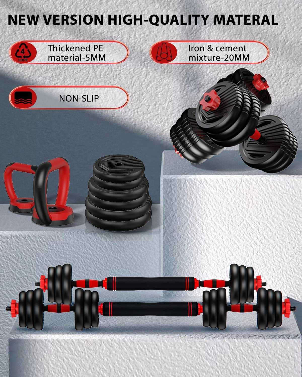 Adjustable Dumbbell Set (10-90 lbs) with Connector - Versatile 4-in-1 Design for Barbell, Kettlebell, and Push-Up Stand - Perfect for Home Fitness for All Users
