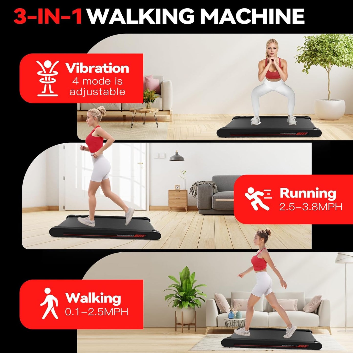 Smart Walking Vibration Pad with App Integration - 3-in-1 Under Desk Treadmill, 2.5HP Quiet Portable Treadmill with Remote Control for Home and Office Use
