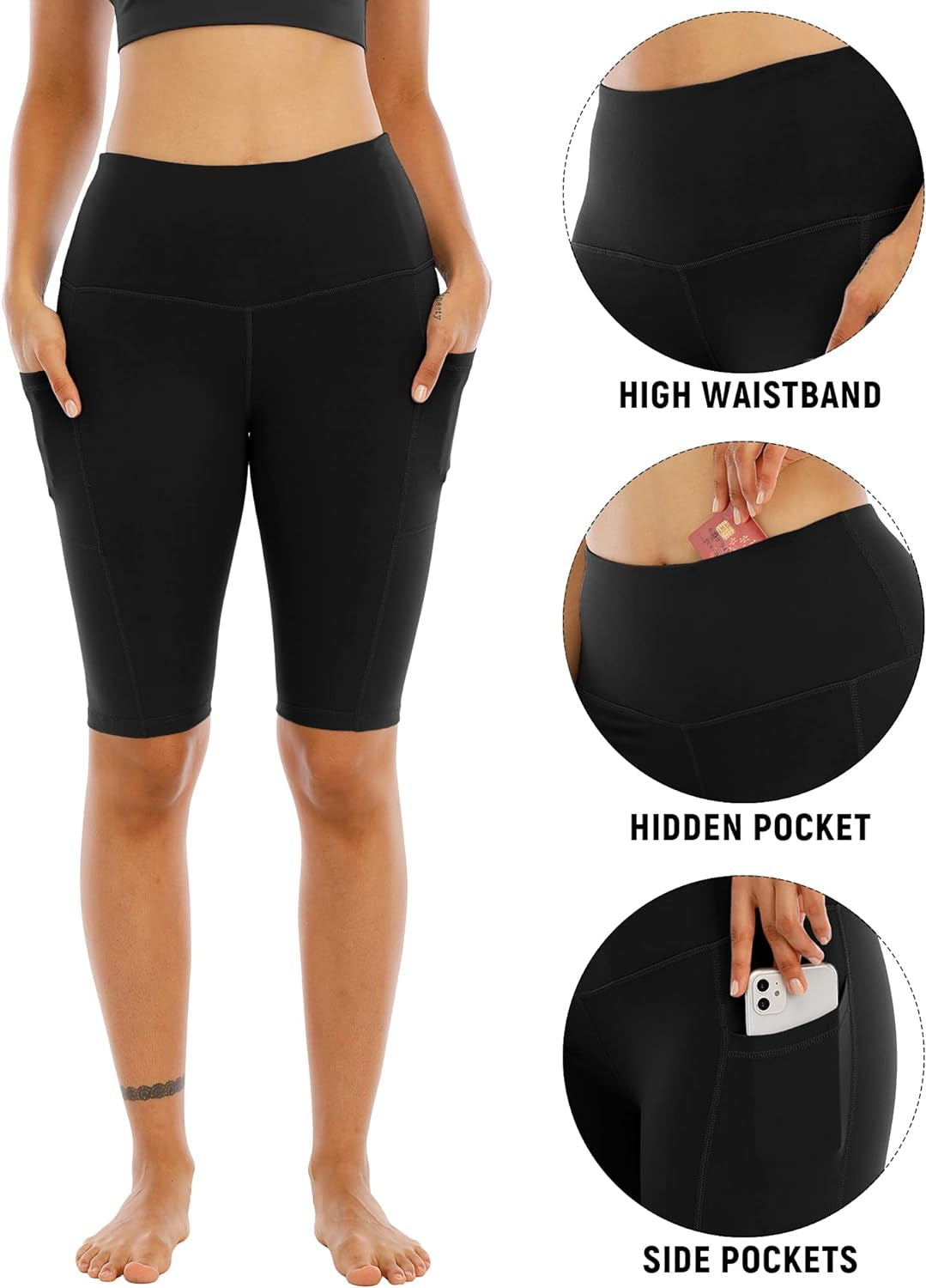 Women's High-Waisted Biker Yoga Shorts with Pockets - Set of 4 Athletic Running and Workout Gym Shorts with Tummy Control