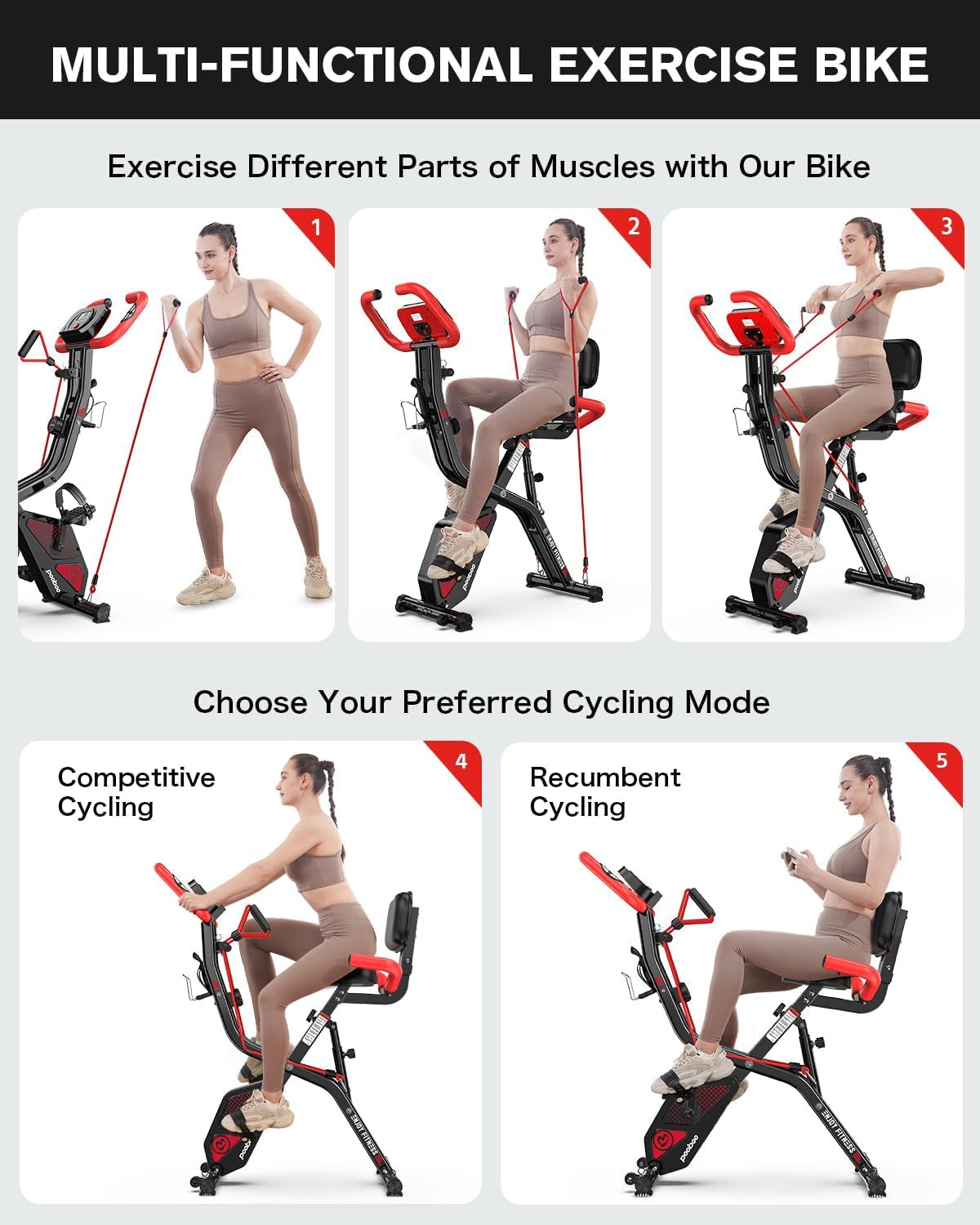 Folding Magnetic Upright Exercise Bike with Adjustable Resistance, Back Support, and Bottle Holder for Home Fitness