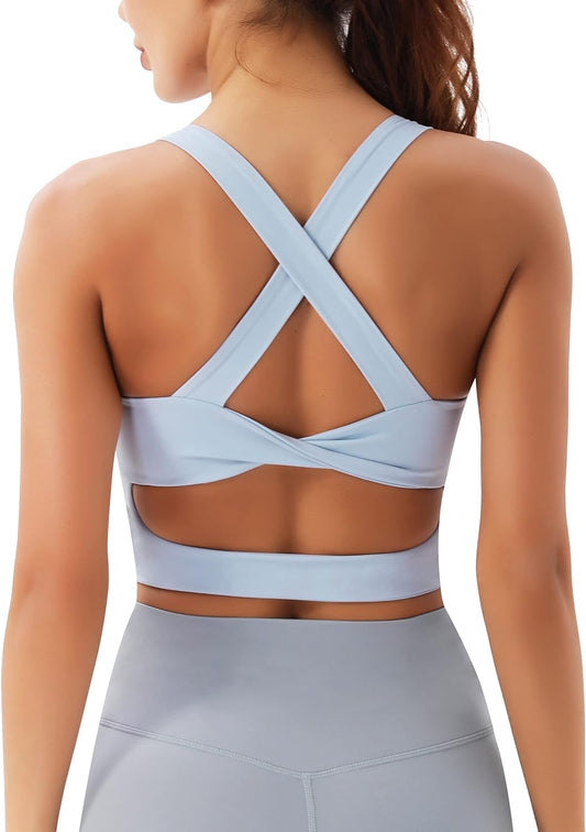 Criss-Cross Back Padded Sports Bras for Women - Medium Support Workout Crop Tops