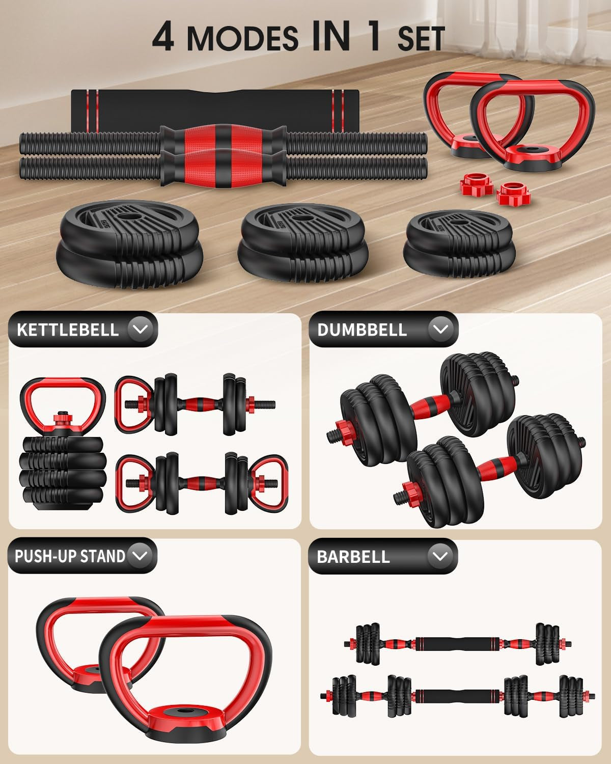 Adjustable Dumbbell Set (10-90 lbs) with Connector - Versatile 4-in-1 Design for Barbell, Kettlebell, and Push-Up Stand - Perfect for Home Fitness for All Users