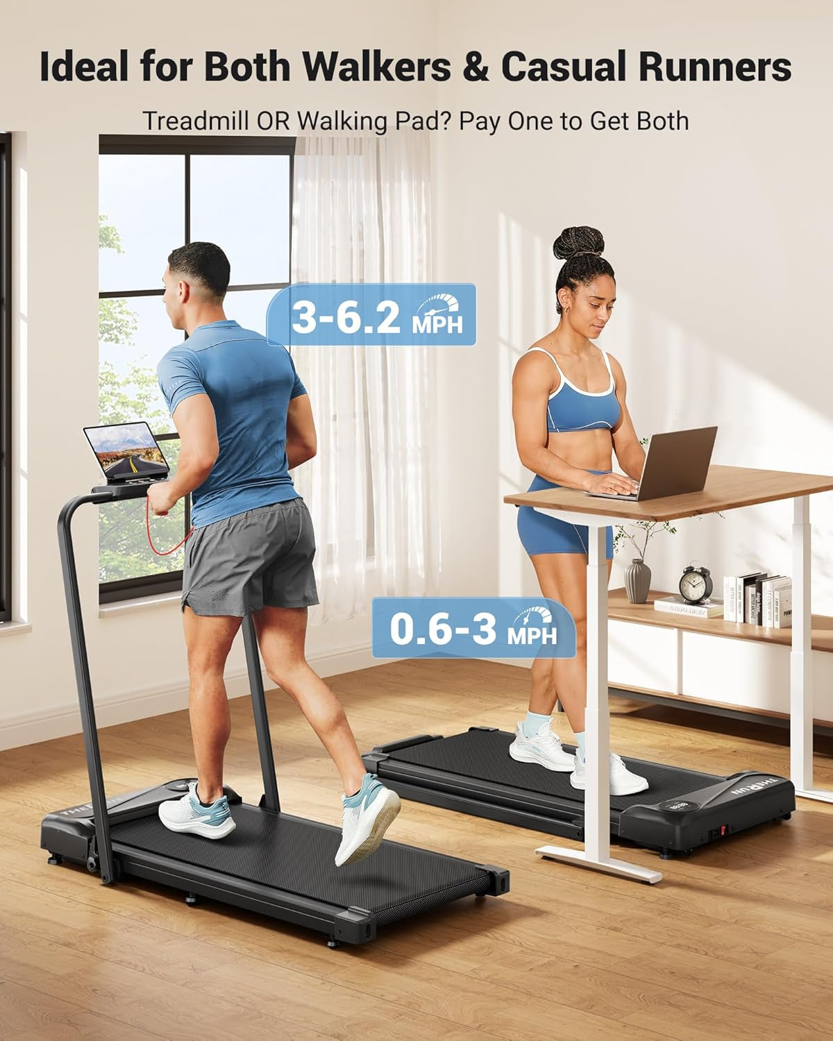 2.5 HP Under Desk Walking Pad Treadmill - 2-in-1 Foldable Design with Handlebar, 16" Widened Running Belt, Remote Control, and LED Touch Screen for Home Use