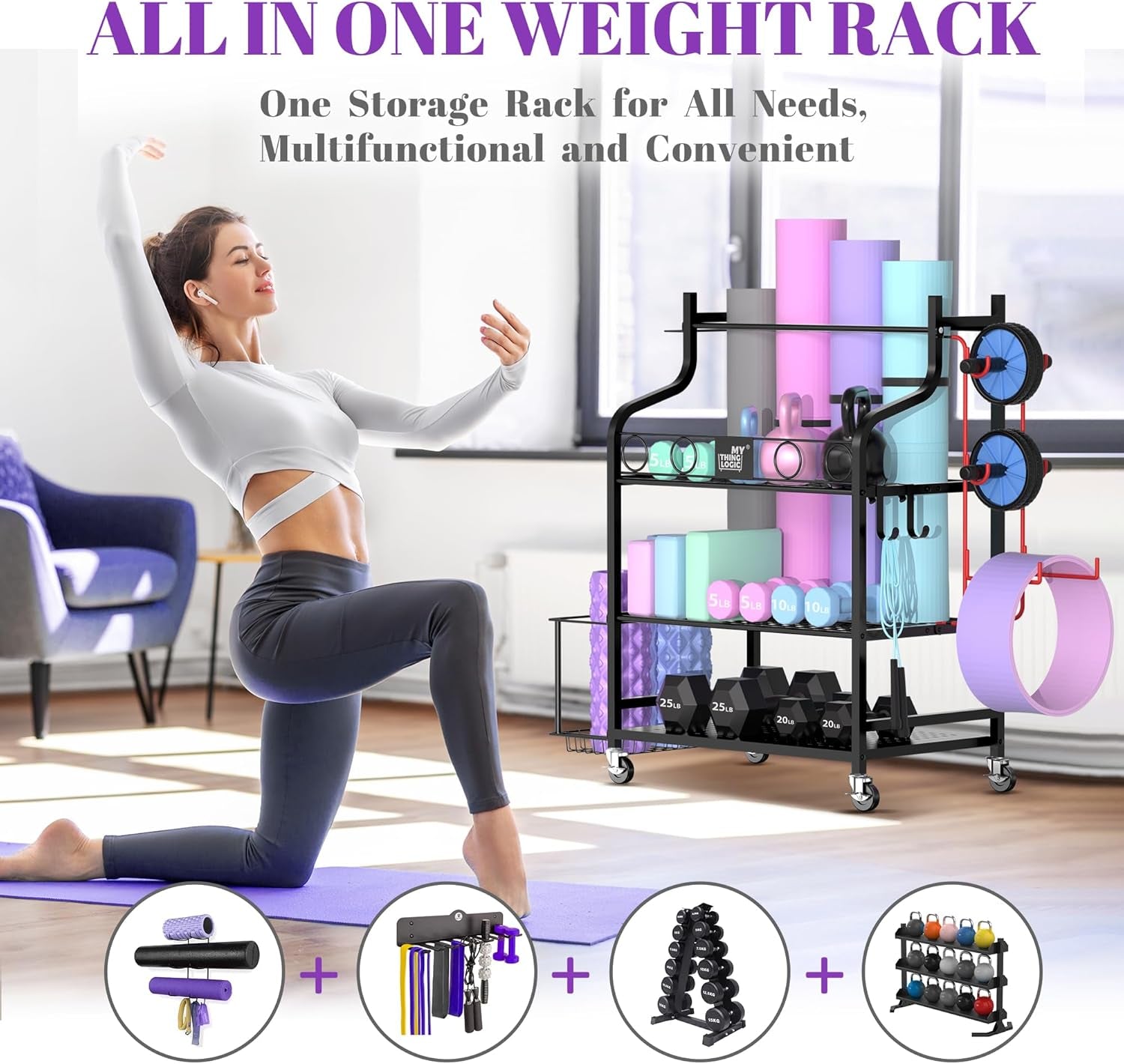 Yoga Mat and Workout Equipment Storage Rack with Hooks and Casters for Home Gym Organization