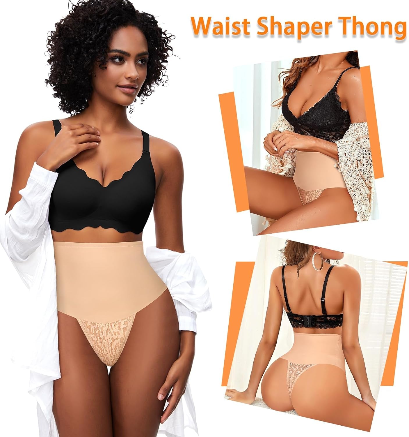 Sculpting Lace Tummy Control Thong Shapewear - Mid High Waisted Body Shaper for Women