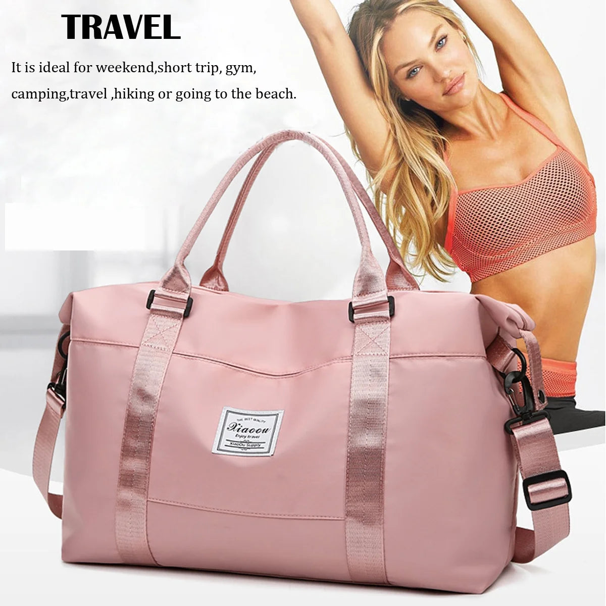 37L Waterproof Duffle Bag for Women, Tear-Resistant Gym Travel Bag W/Adjustable Shoulder Strap & Trolley Sleeve, Airline Approved Carry-On Weekender Bag with Wet/Dry Pocket, Pink