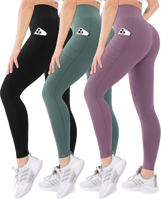 High-Waisted Women's Leggings 3-Pack - Soft Athletic Tummy Control Pants for Running, Yoga, and Workouts in Regular and Plus Sizes