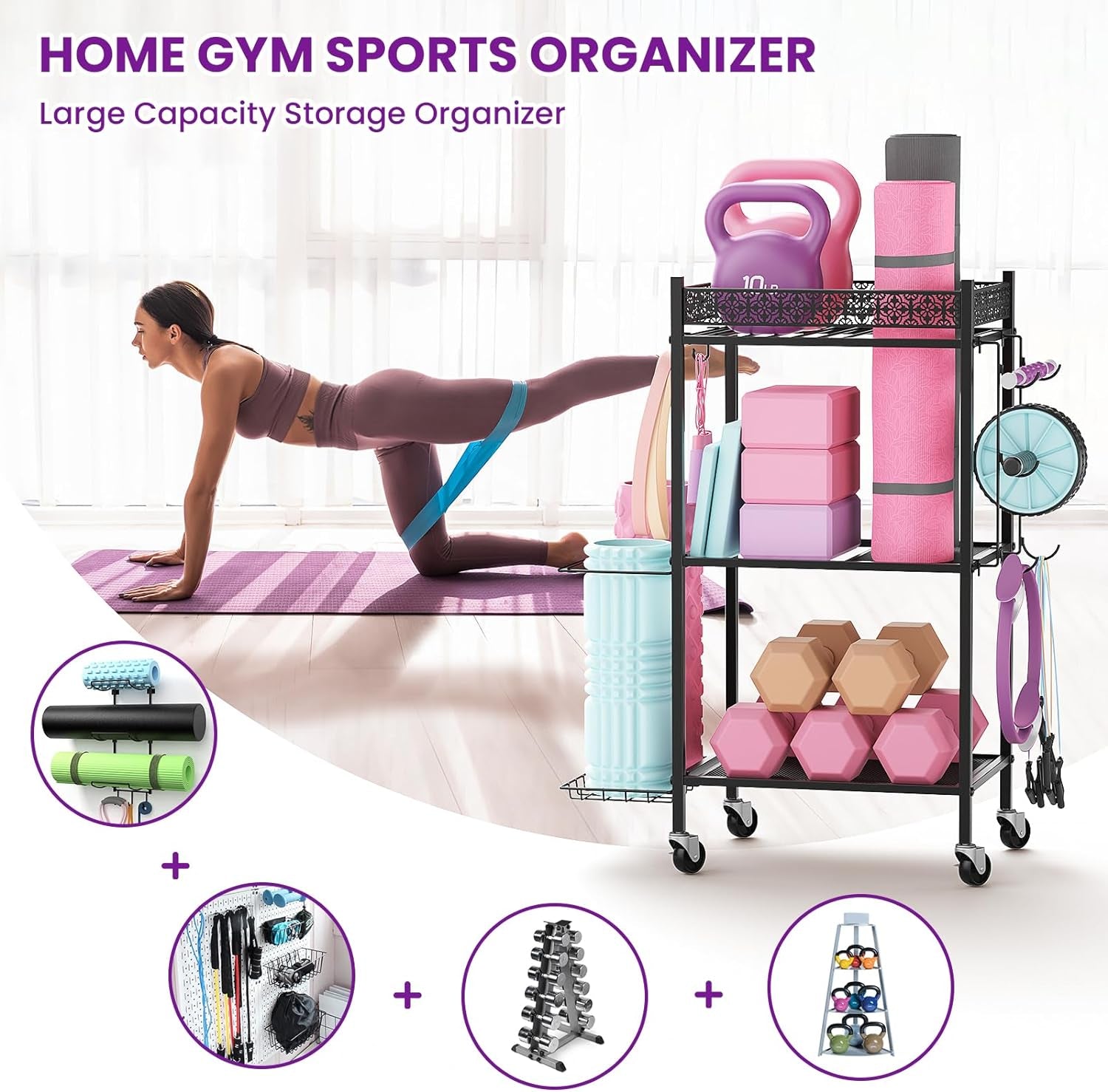 Yoga Mat and Equipment Storage Rack for Home Gym - Durable Metal Organizer for Yoga Mats, Foam Rollers, and Fitness Accessories