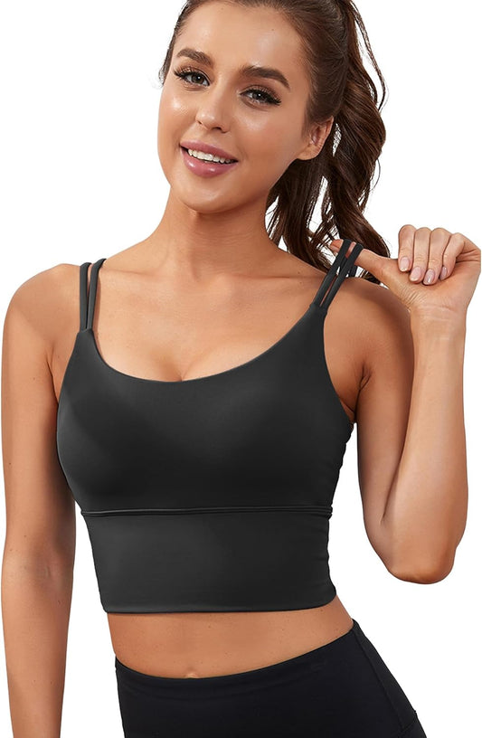 High Support Longline Sports Bra for Women - Padded Strappy Yoga Crop Top Tank
