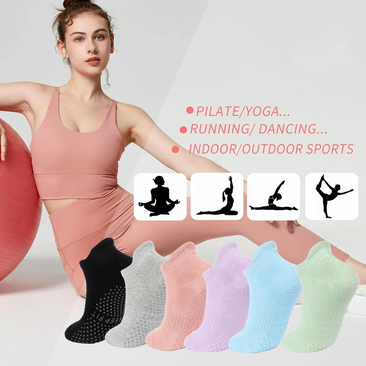 Grip Pilates Socks Non Slip Athletic Yoga Socks with Grips for Women Grippy Socks for Hospital Workout Barre