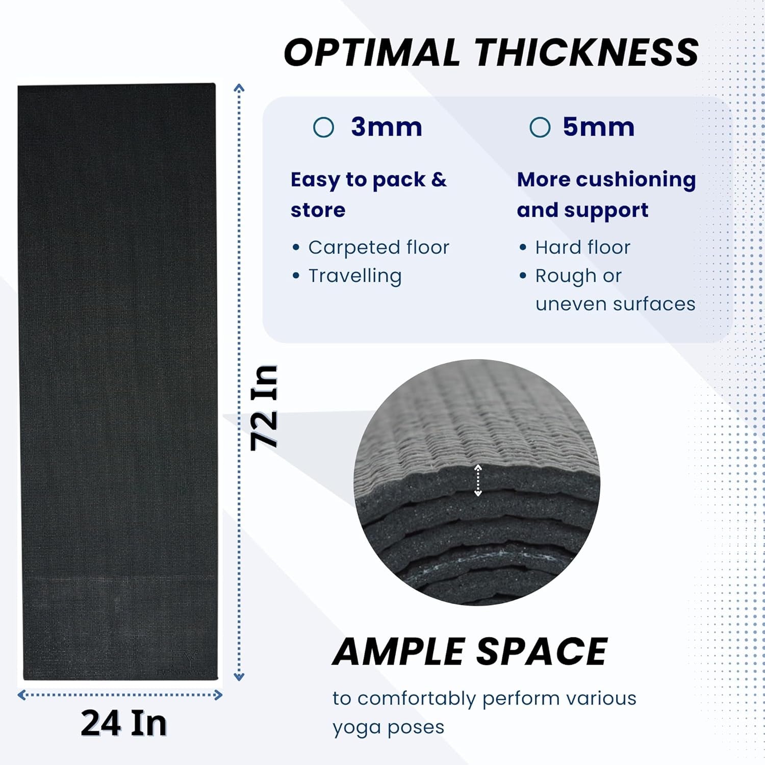 Deluxe Mat - 72"L X 24"W Non Slip Exercise Mat, Anti-Tear, 3-5Mm Thickness for Yoga, Pilates & Floor Workouts