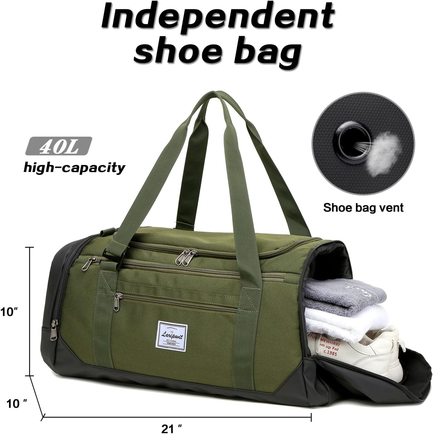 Stylish 40L Travel Duffle Bag for Men & Women - Versatile Gym Bag with Wet Pocket & Shoe Compartment - Perfect for Weekend Getaways & Overnight Trips - Green