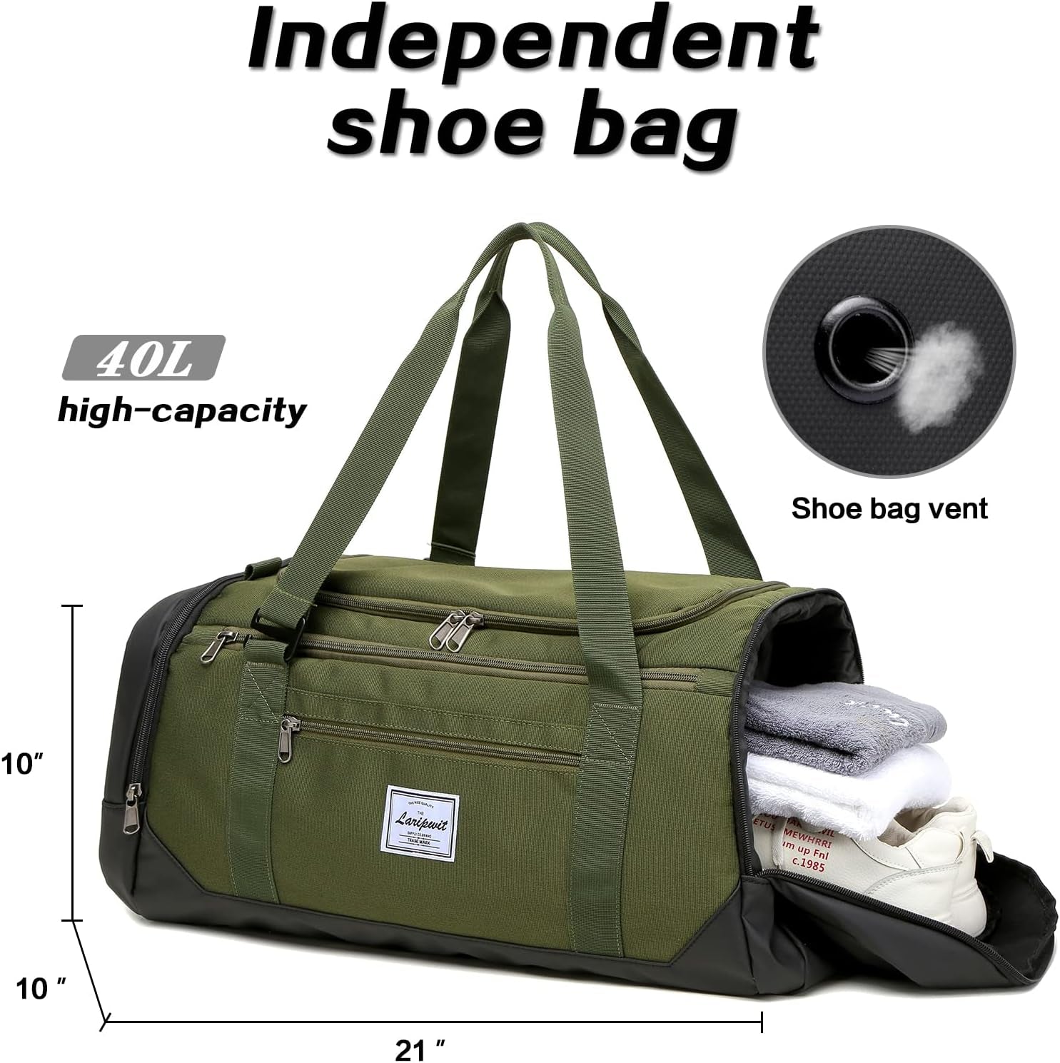 Stylish 40L Travel Duffle Bag for Men & Women - Versatile Gym Bag with Wet Pocket & Shoe Compartment - Perfect for Weekend Getaways & Overnight Trips - Green