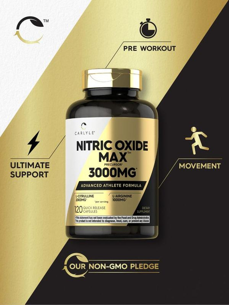 Carlyle Nitric Oxide Booster 3000mg - Pre Workout Formula with L-Arginine & L-Citrulline | 120 Non-GMO, Gluten-Free Capsules for Men & Women