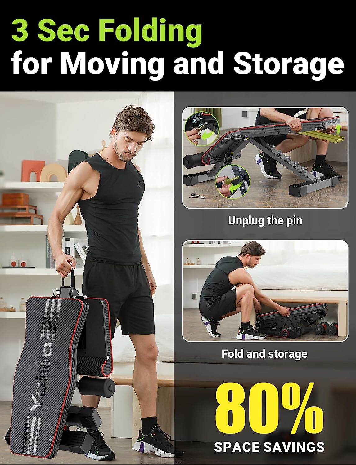 Versatile Adjustable Weight Bench - Foldable Strength Training for Full Body Workouts at Home - Quick Folding & Fast Adjustment (Black)