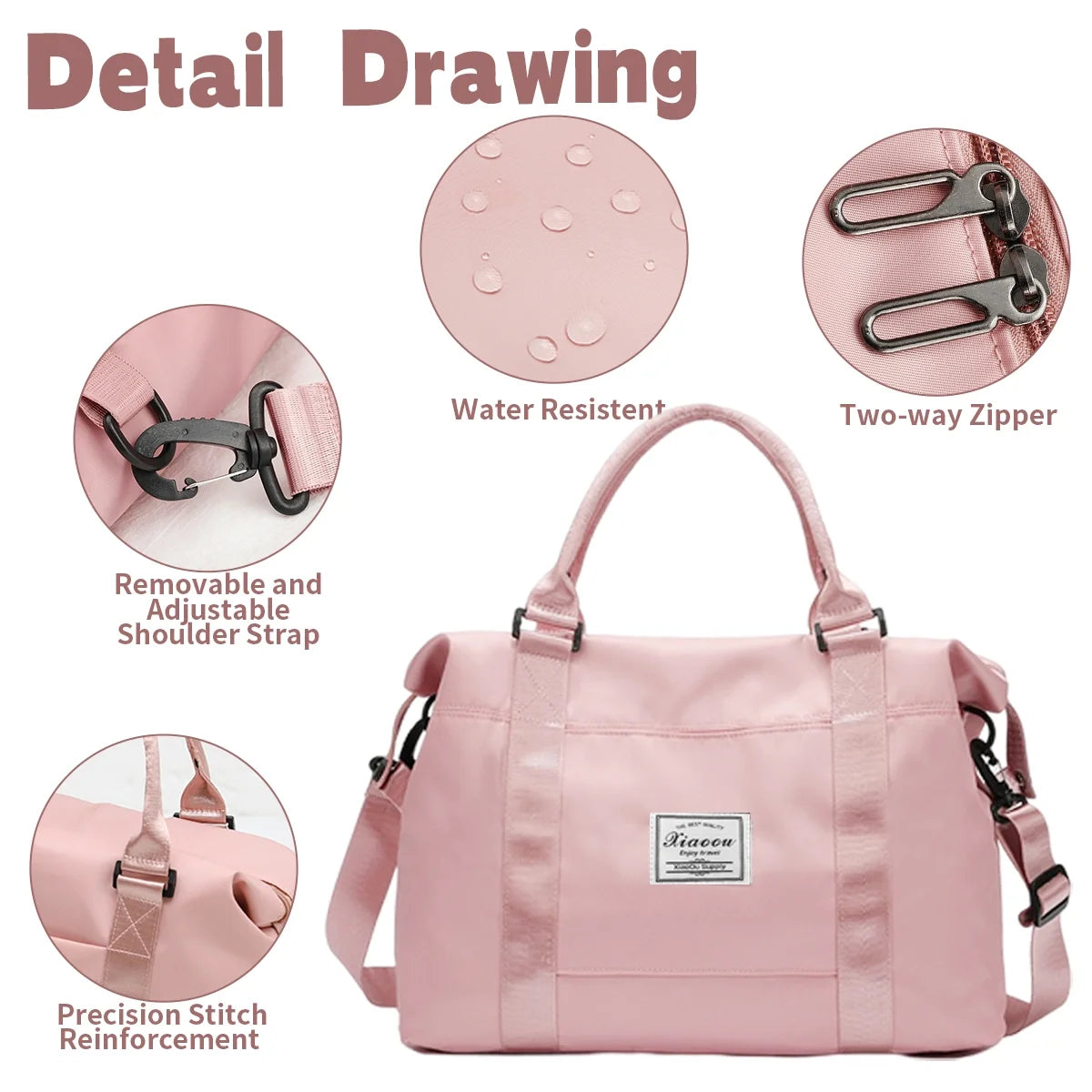 37L Waterproof Duffle Bag for Women, Tear-Resistant Gym Travel Bag W/Adjustable Shoulder Strap & Trolley Sleeve, Airline Approved Carry-On Weekender Bag with Wet/Dry Pocket, Pink