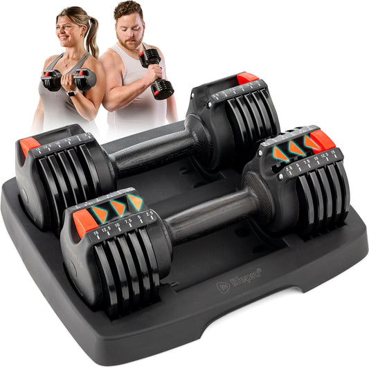 Adjustable 5-in-1 Dumbbell Set with Rack - Weights (15lb, 25lb, 43lb, 55lb) - Quick Adjustment and Secure Grip - Compact Design for Home Gym Use for Men and Women