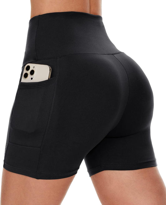 High-Waisted Women's Biker Shorts with Pockets - Tummy Control Spandex for Gym, Running, and Yoga (Available in 3"/5"/8" Lengths)