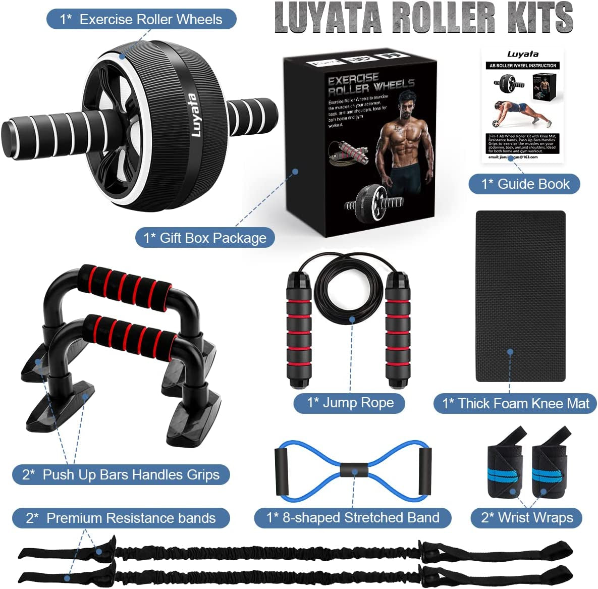 Ab Roller Wheel Kit - 10-in-1 Core Strength and Abdominal Exercise Equipment with Resistance Bands, Knee Mat, Jump Rope, and Push-Up Bar for Home Gym Use for Men and Women