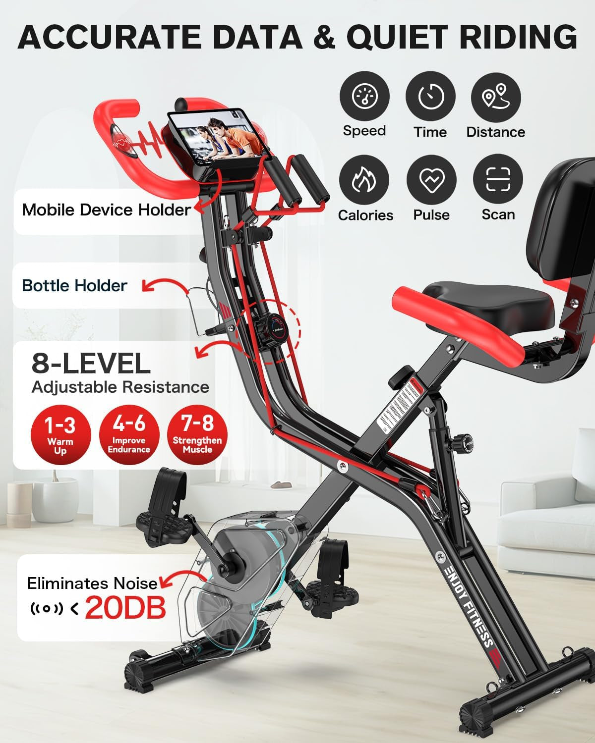 Folding Magnetic Upright Exercise Bike with Adjustable Resistance, Back Support, and Bottle Holder for Home Fitness