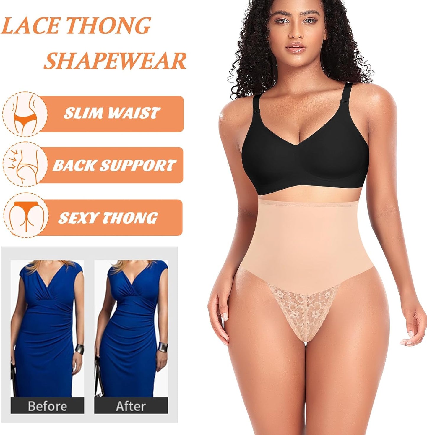 Sculpting Lace Tummy Control Thong Shapewear - Mid High Waisted Body Shaper for Women