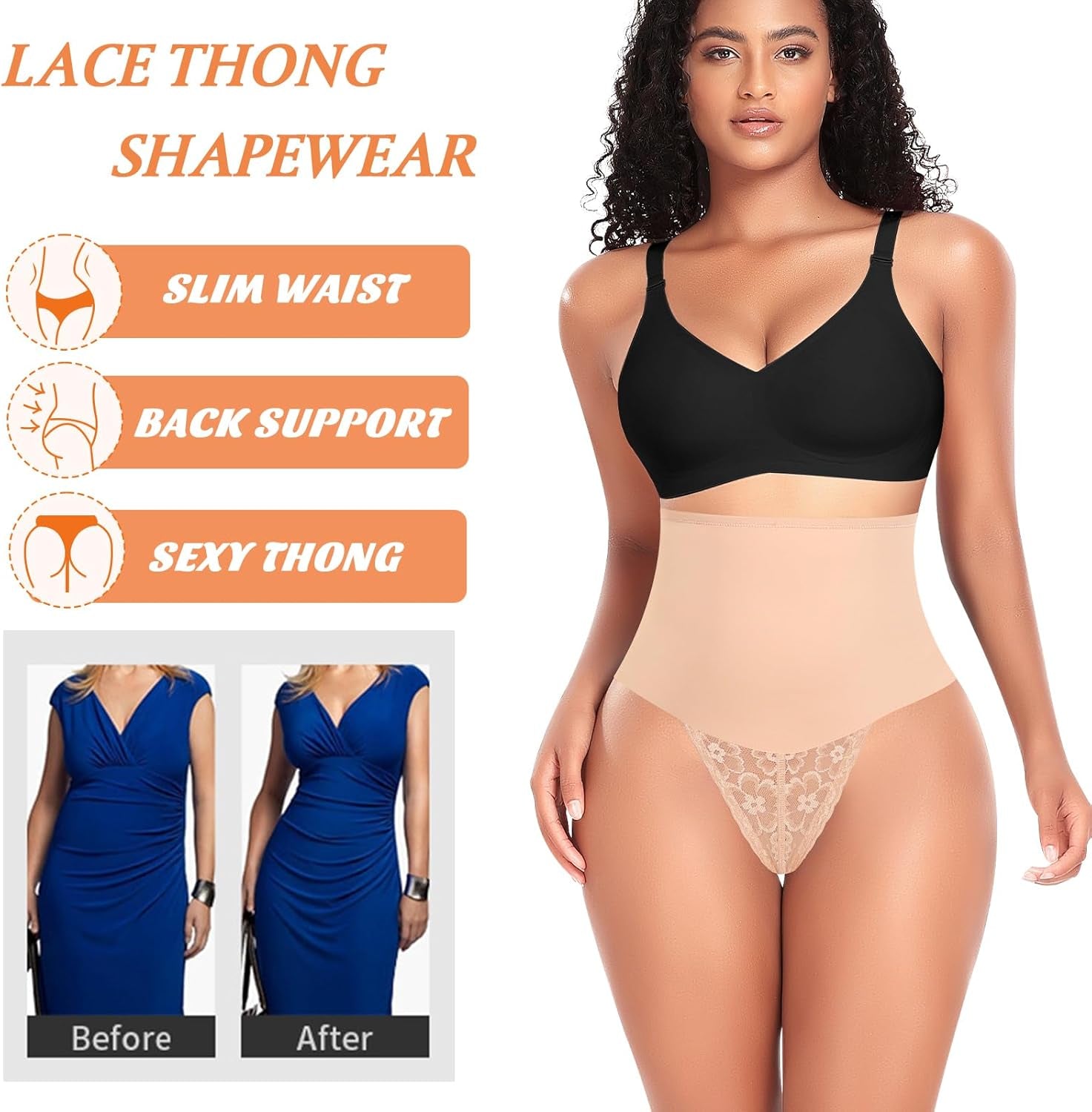 Sculpting Lace Tummy Control Thong Shapewear - Mid High Waisted Body Shaper for Women