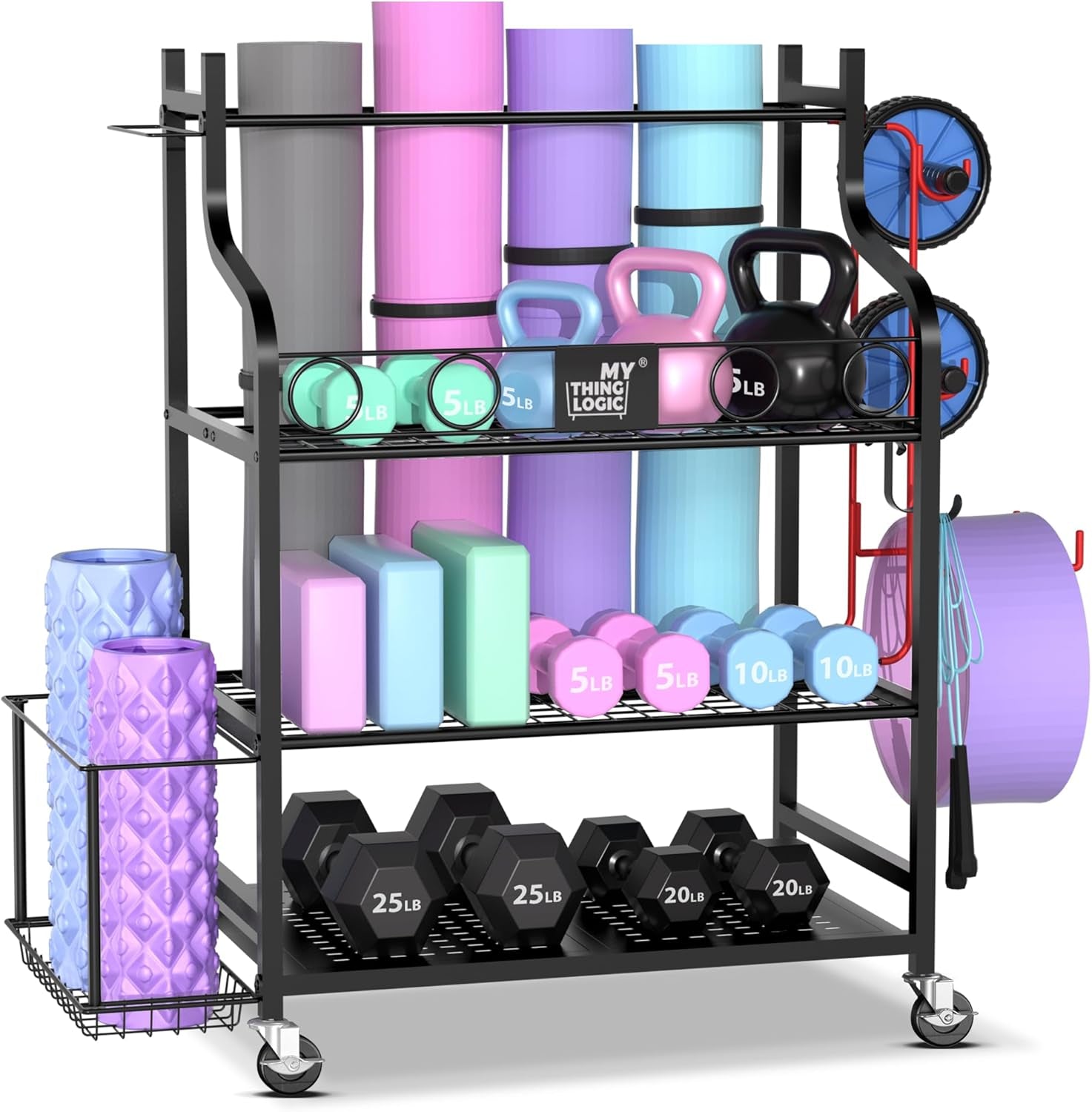 Yoga Mat and Workout Equipment Storage Rack with Hooks and Casters for Home Gym Organization