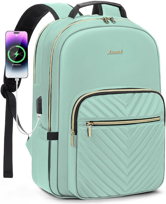 Women's 15.6 Inch Laptop Backpack - Stylish and Professional Travel Bag with USB Port, Waterproof Design for Work and College, Mint Green