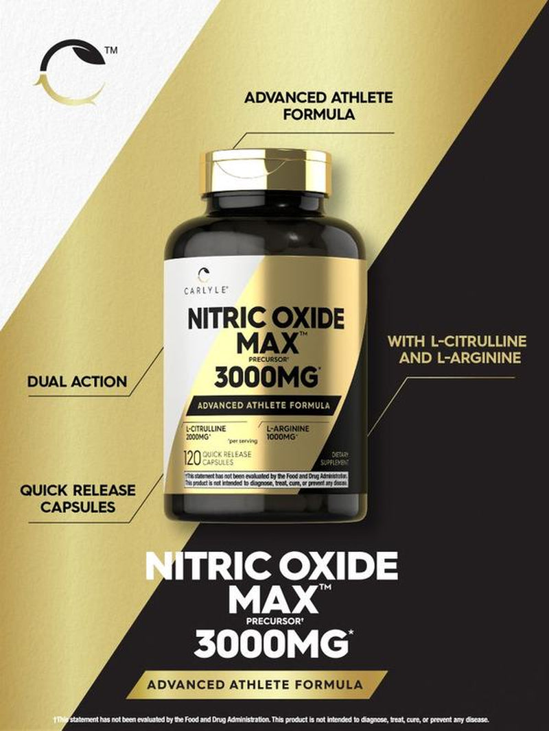 Carlyle Nitric Oxide Booster 3000mg - Pre Workout Formula with L-Arginine & L-Citrulline | 120 Non-GMO, Gluten-Free Capsules for Men & Women