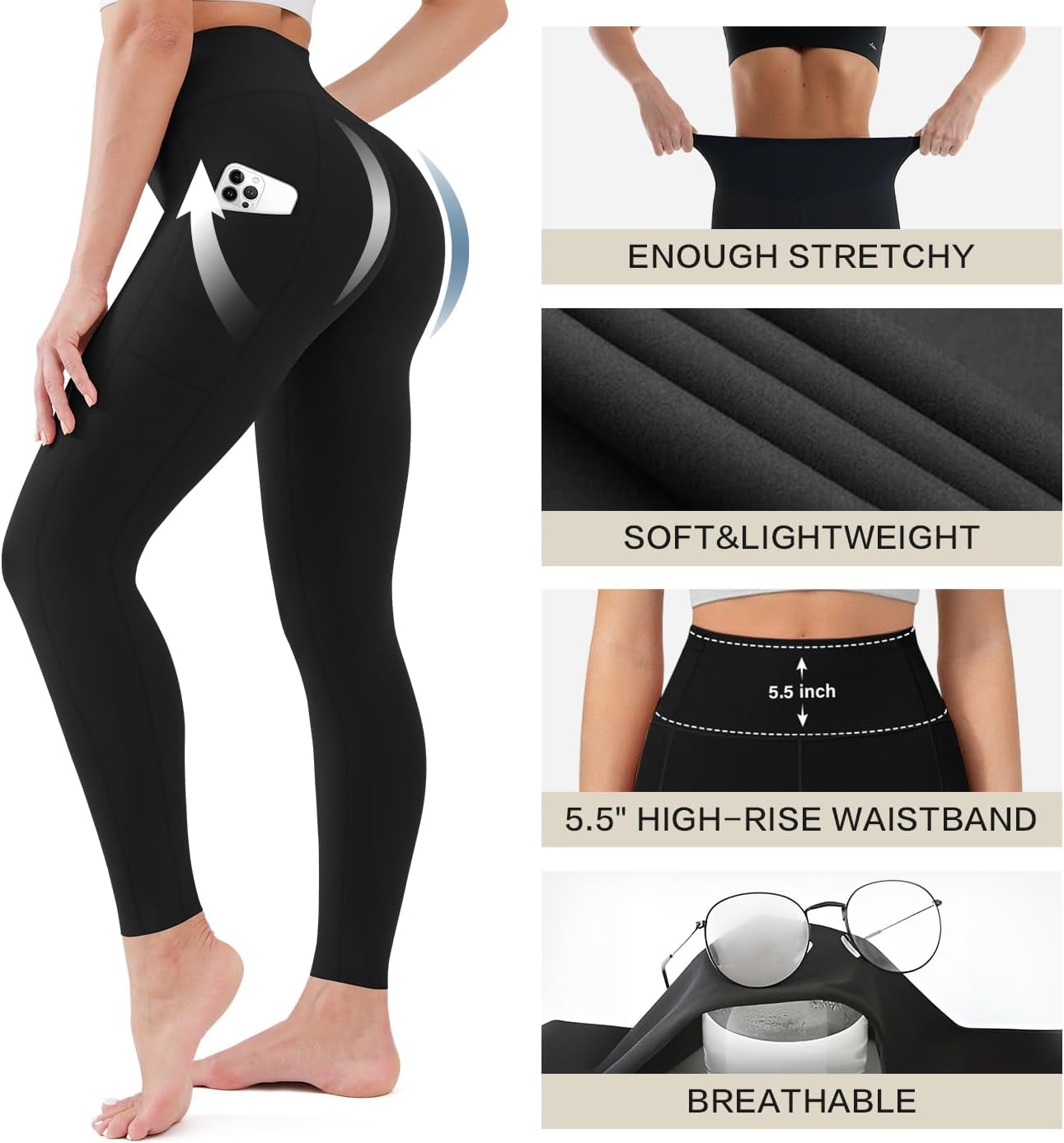 High-Waisted Women's Leggings 3-Pack - Soft Athletic Tummy Control Pants for Running, Yoga, and Workouts in Regular and Plus Sizes