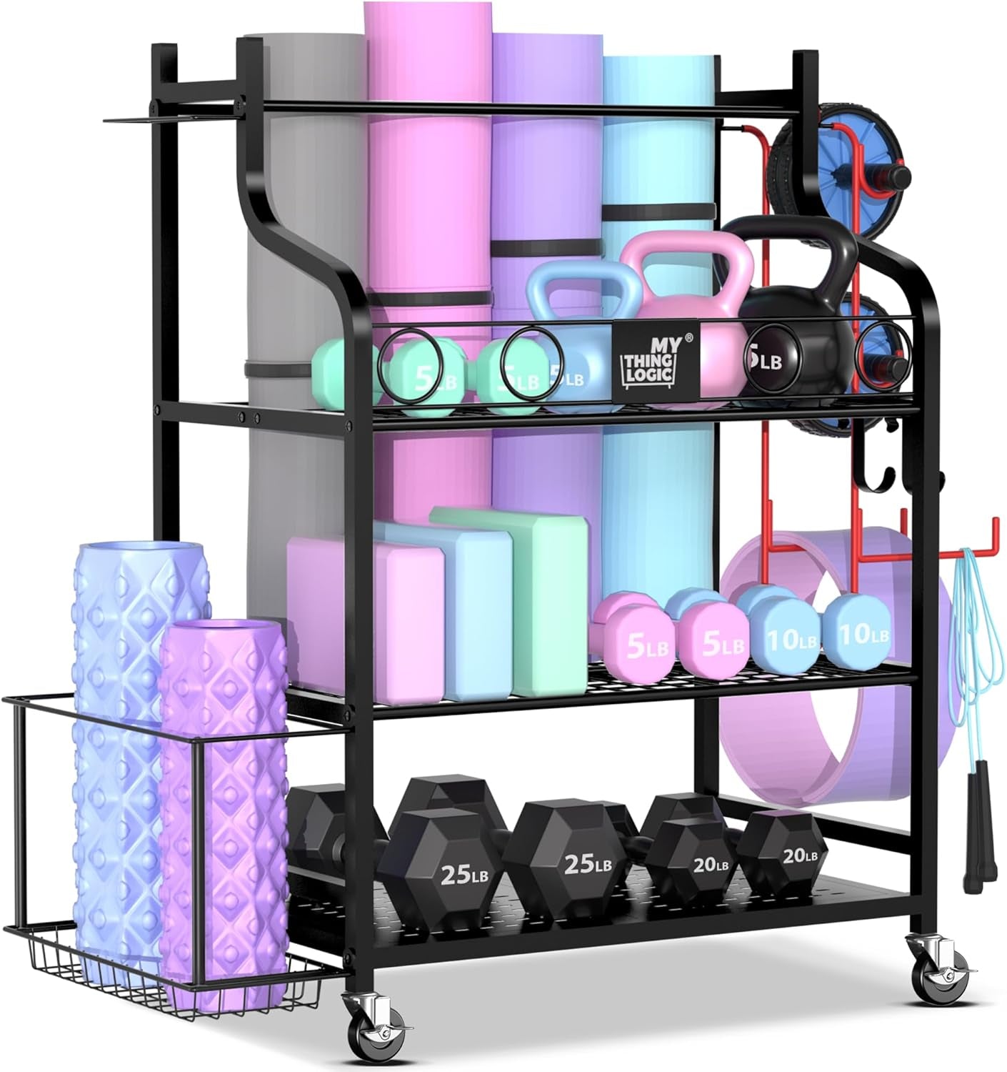Yoga Mat and Workout Equipment Storage Rack with Hooks and Casters for Home Gym Organization