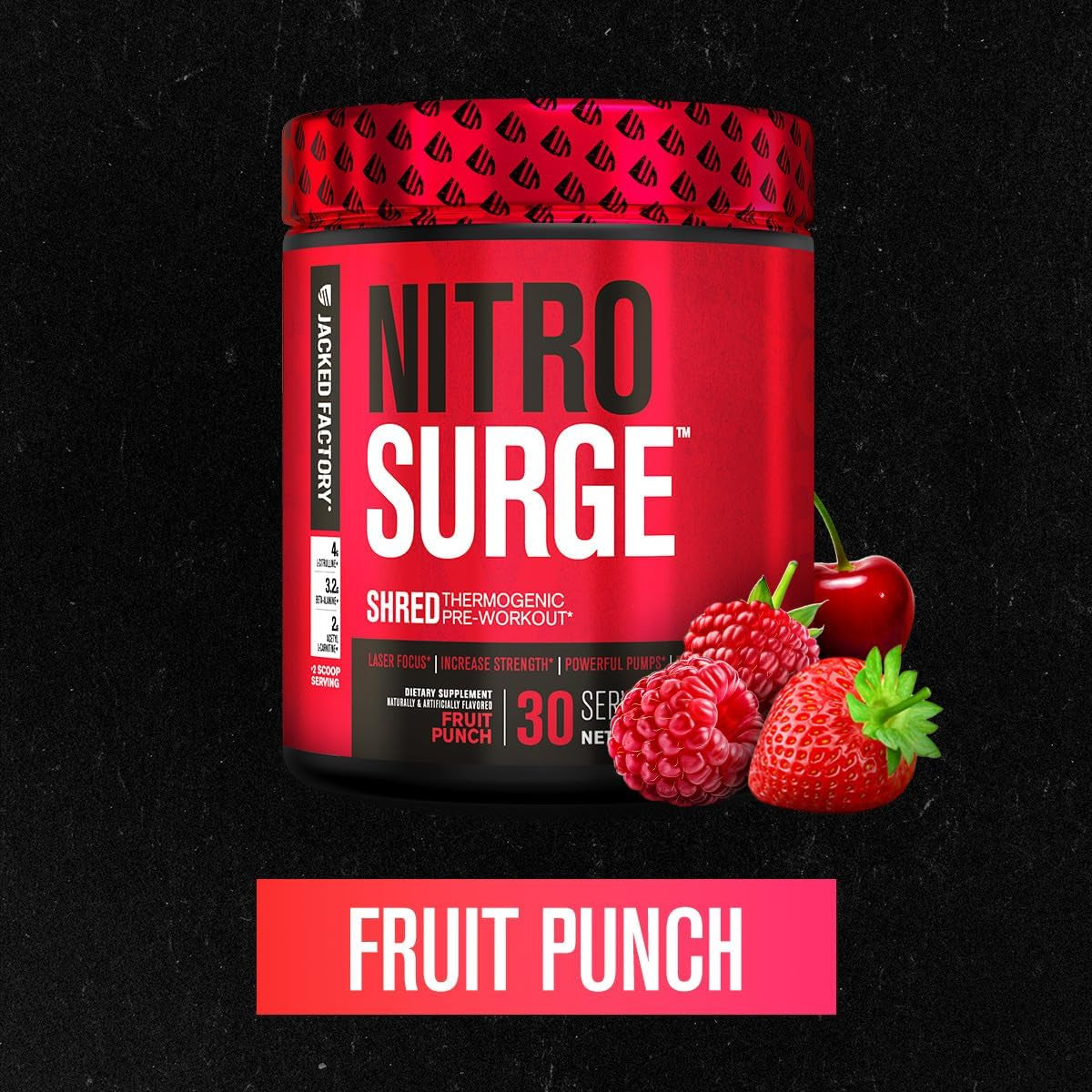 NITROSURGE Shred Pre-Workout - Unleash Energy, Strength & Focus with Intense Pumps - 30 Servings of Delicious Fruit Punch!