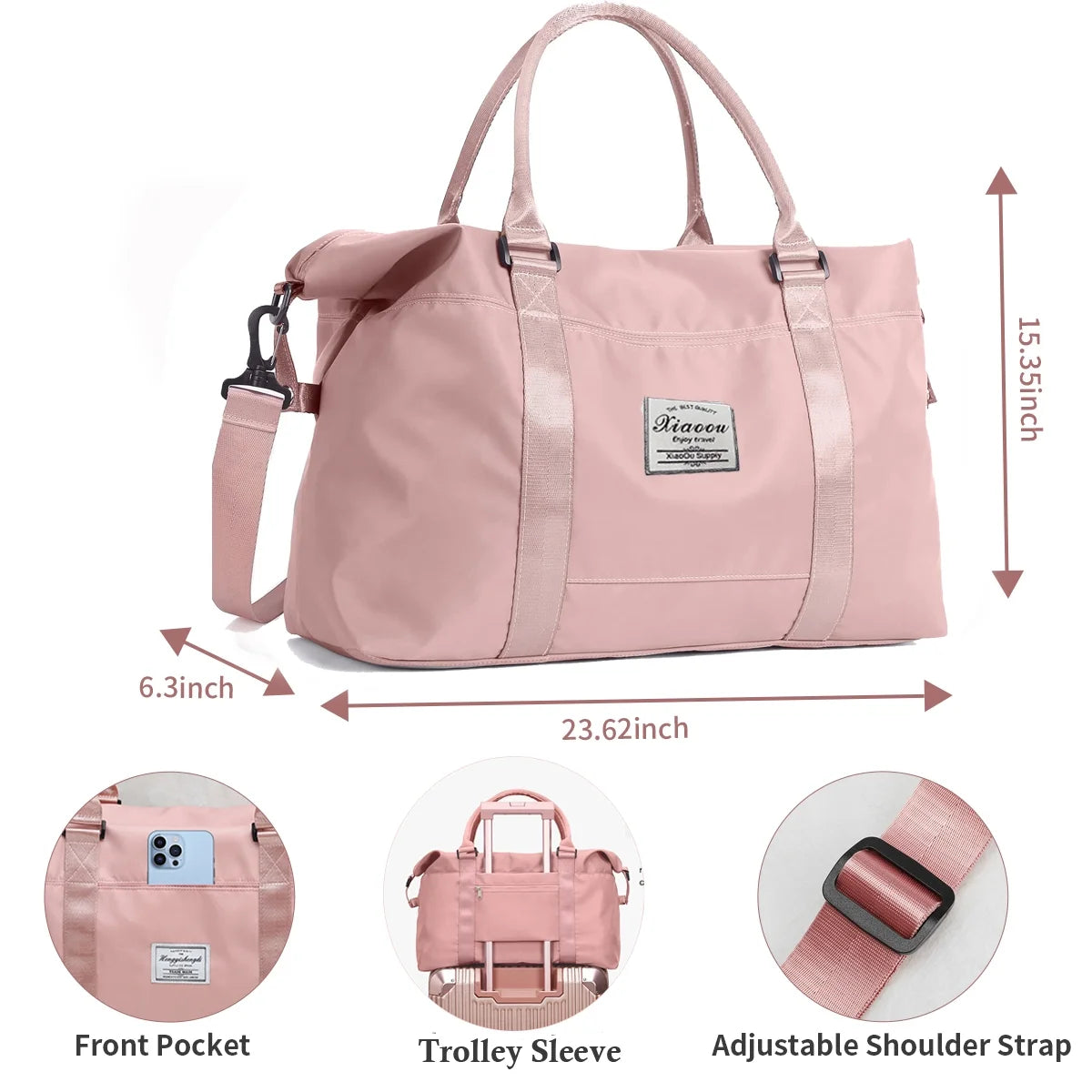 37L Waterproof Duffle Bag for Women, Tear-Resistant Gym Travel Bag W/Adjustable Shoulder Strap & Trolley Sleeve, Airline Approved Carry-On Weekender Bag with Wet/Dry Pocket, Pink
